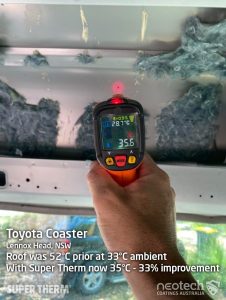 Toyota Coaster in Lennox Head from 52°C down to 35°C on 33°C day Super Therm bus insulation